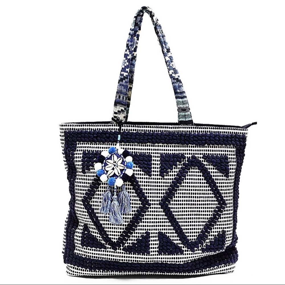 {Steven} Zita Navy Multi Carpet Tassel Tote